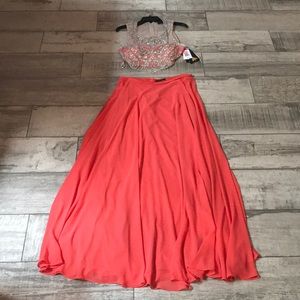 Rhinestone 2 piece elegant top and coral skirt